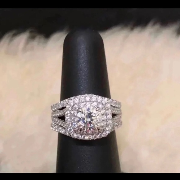 3 pcs 925 Silver Engagement Ring Wedding Band Set - Picture 2 of 5